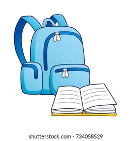Blue school bag and open book