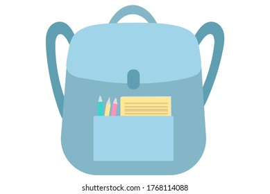 Blue school bag with a pocket with pencils and a notebook. Vector illustration in a flat style isolated on a white background. Concept of education, learning, studying, back to school.