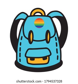 Blue school bag with rainbow logo. 