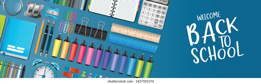 Blue school board banner background with colorful bright education 3d realistic supplies. Design for advertisement, magazine, book, website header. Vector illustration.
