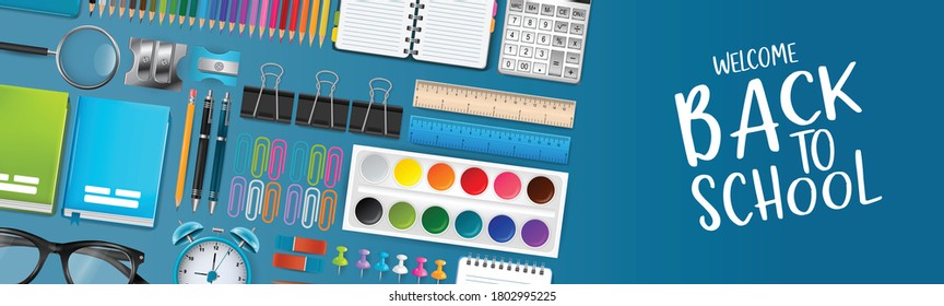 Blue school board banner background with colorful bright education 3d realistic supplies. Design for advertisement, magazine, book, website header. Vector illustration.
