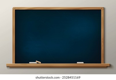 Blue school board with brown wooden frame and chalk. Realistic 3d vector illustration of education and teaching element for back to school concept. Blank chalkboard mockup for writing message.