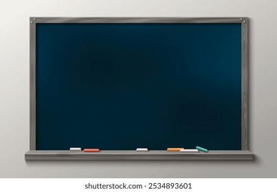 Blue school board with gray wooden frame and chalk. Realistic 3d vector illustration of education and teaching element for back to school concept. Blank chalkboard mockup for writing message.