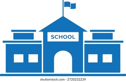 Un edificio escolar azul con banderas sobre un fondo blanco, que simboliza la educación y el aprendizaje