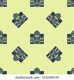Blue School building icon isolated seamless pattern on yellow background.  Vector Illustration