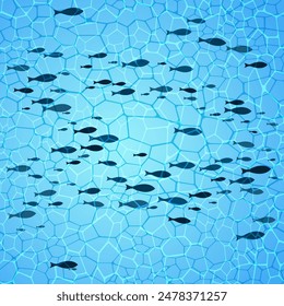 Blue school of fish swimming. Ocean or sea waves. Swimming pool water caustics ripple with sunlight reflections vector illustration. Shoal of fishes underwater in the sea. Marine summer ocean design.