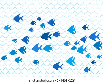 Blue school of fish swimming pattern vector print. Ocean or sea waves, curve stripes background. Shoal of fishes underwater in the sea. Marine summer pattern design.