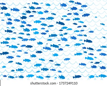 Blue school of fish swimming pattern vector print. Ocean or sea waves, curve stripes background. Shoal of fishes underwater in the sea. Marine summer pattern design.