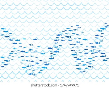 Blue school of fish swimming pattern vector print. Ocean or sea waves, curve stripes background. Shoal of fishes underwater in the sea. Marine summer pattern design.