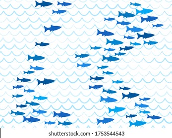 Escuela azul de la huella vectorial de nado de peces. Olas oceánicas o marítimas, fondo de rayas curvas. Escasez de peces submarinos en el mar. Diseño de patrones de verano marino.