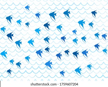 Blue school of fish swimming pattern vector print. Ocean or sea waves, curve stripes background. Shoal of fishes underwater in the sea. Marine summer pattern design.