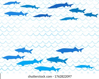 Blue school of fish swimming pattern vector print. Ocean or sea waves, curve stripes background. Shoal of fishes underwater in the sea. Marine summer pattern design.