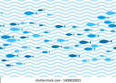 Blue school of fish swimming seamless pattern vector print. Ocean or sea waves, curve stripes background. Shoal of fishes underwater in the sea. Marine summer seamless pattern design.