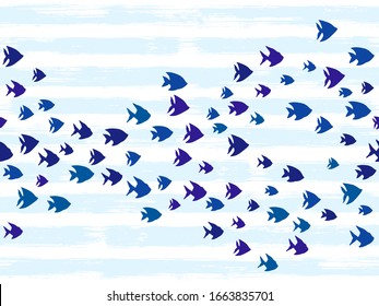 Blue school of fish swimming seamless pattern vector print. Ocean or sea water, line stripes background. Shoal of fishes underwater in the sea. Marine summer seamless pattern design.