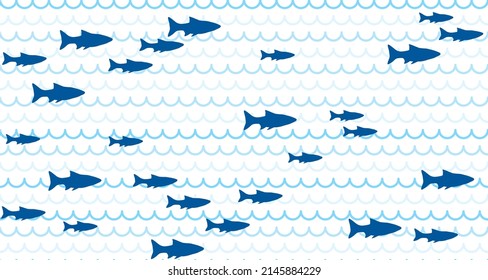 Blue school of fish swimming seamless pattern vector print. Ocean or sea waves, curve stripes background. Shoal of fishes underwater in the sea. Marine Northern Pike summer seamless pattern design.