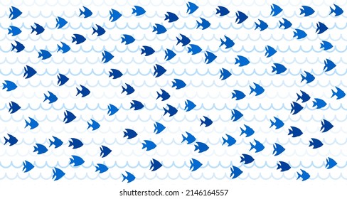 Escuela azul de peces nadando sin fisuras patrón de impresión vectorial. Olas oceánicas o marítimas, fondo de rayas curvas. Escasez de peces submarinos en el mar. Diseño de patrones fluidos del verano marino.