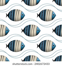 Blue school of fish swimming seamless pattern vector print. Ocean or sea waves, curve stripes background. Shoal of fishes underwater in the sea. Marine Northern Pike summer seamless pattern design.