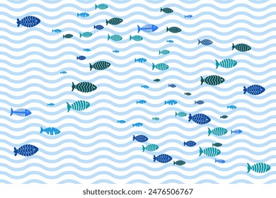 Blue school of fish swimming seamless pattern vector print. Ocean or sea waves, curve stripes background. Shoal of fishes underwater in the sea. Marine summer seamless pattern design.