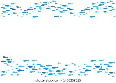 Blue School Of Fish Swimming Vector Frame Print. Ocean Or Sea Background. Shoal Of Fishes Isolated On White. Marine Summer Design.