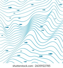 Blue school of fish swimming vector minimalistic illustration. Ocean or sea waves, curve lines background. Shoal of fishes underwater in the sea. Marine summer design.