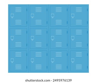 Taquillas azules de la escuela con puertas cerradas. Almacenamiento de metal para estudiantes o casillero deportivo para gimnasio. Ilustración vectorial