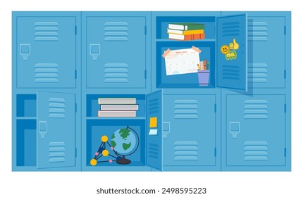 Blue school lockers with open doors showing books, globe, weekly planner and school supplies. Organized student storage with educational materials and stickers. Vector illustration