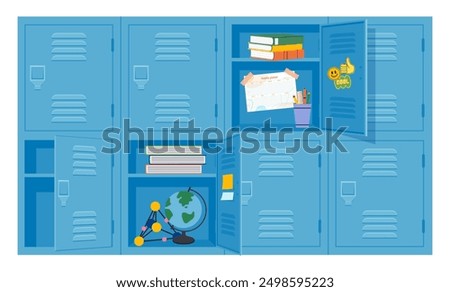 Blue school lockers with open doors showing books, globe, weekly planner and school supplies. Organized student storage with educational materials and stickers. Vector illustration