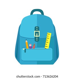 Blue schoolbag and backpack icon in flat style on white background