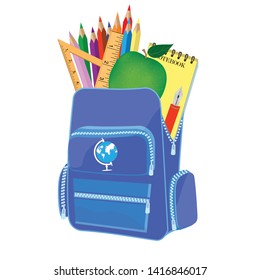 Blue schoolbag - green apple, notepad, globe, triangle, pencils - flat style - isolated on white background - vector. Back to school.