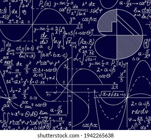 Blue scientific vector seamless pattern with handwritten math and physics formulas