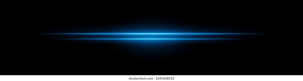 Blue sci-fi beam. Two horizontal glowing lines with central bright core and radial fade. Dark background gives tech feel. Suitable for energy, laser, futuristic design.