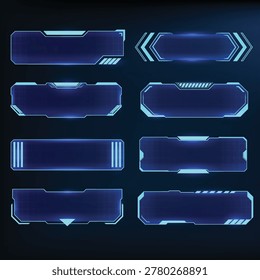 
Blue sci-fi HUD frame vector set featuring eight futuristic empty tech button panels in different shapes with glowing neon cyan blue borders, geometric accents including diagonal stripes, chevron arrows, triangle pointers, and notched corners on a dark gradient background with subtle grid texture. Perfect for game UI design, hi-tech dashboards, sci-fi movie graphics, interface buttons, banner titles, callout labels, infographic elements, and futuristic presentation templates with customizable text areas. Fully editable EPS vector with scalable elements, blank content space, and clean isolated layers ready for any custom text or icon.
