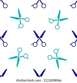 Blue Scissors hairdresser icon isolated seamless pattern on white background. Hairdresser, fashion salon and barber sign. Barbershop symbol.  Vector