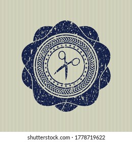 Icono de tijeras azules dentro de la estampilla de hule de caucho de emergencia. 