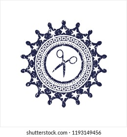 Blue scissors icon inside distressed rubber grunge texture stamp
