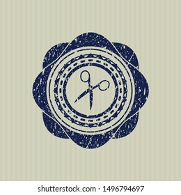 Blue scissors icon inside distressed grunge stamp
