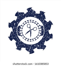 Blue scissors icon inside distressed with rubber seal texture