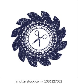 Blue scissors icon inside rubber grunge stamp
