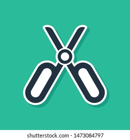 Blue Scissors icon isolated on green background. Tailor symbol. Cutting tool sign.  Vector Illustration