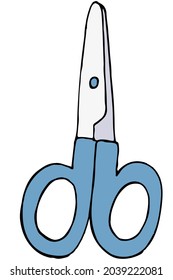 blue scissors for paper, color vector illustration in doodle style with black outline