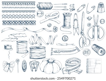 Azul tesoura fita fio bobinas laço alfinete botões almofada dedal pinos agulhas. Mão desenhada tinta vetor ilustração costurar suprimentos ofício. Objetos definidos isolados no branco. Atelier, alfaiate, loja de hobby