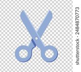 Blue scissors vector illustration on isolated background. Open pair of cartoon scissor with soft-colored handles and metal blades. Shear icon graphic for kindergarten, school, barber, office supplies.