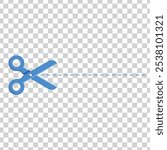 Blue scissors vector illustration on isolated background. Open pair of cartoon scissor with dashed cutting line. Shear icon graphic for kids, stimulating fine motor skills.