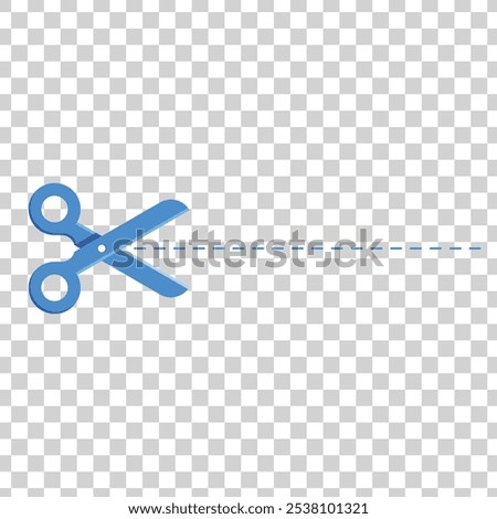 Blue scissors vector illustration on isolated background. Open pair of cartoon scissor with dashed cutting line. Shear icon graphic for kids, stimulating fine motor skills.