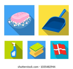 Blue scoop for garbage, pink soap with foam, sponge for washing, pulvelizer for with a means for windows. Cleaning set collection icons in flat style vector symbol stock illustration web.