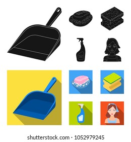 Blue scoop for garbage, pink soap with foam, sponge for washing, pulvelizer for with a means for windows. Cleaning set collection icons in black, flat style vector symbol stock illustration web.