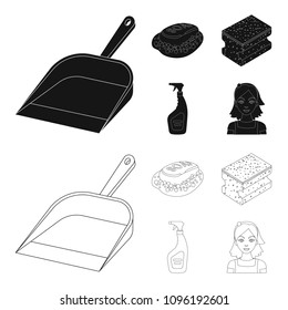 Blue scoop for garbage, pink soap with foam, sponge for washing, pulvelizer for with a means for windows. Cleaning set collection icons in black,outline style vector symbol stock illustration web.