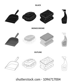 Blue scoop for garbage, pink soap with foam, sponge for washing, pulvelizer for with a means for windows. Cleaning set collection icons in black,monochrome,outline style vector symbol stock