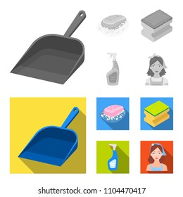 Blue scoop for garbage, pink soap with foam, sponge for washing, pulvelizer for with a means for windows. Cleaning set collection icons in monochrome,flat style vector symbol stock illustration web.