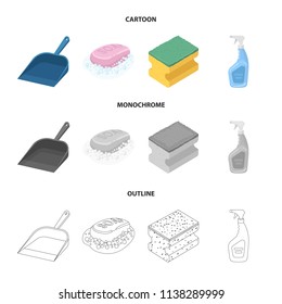 Blue scoop for garbage, pink soap with foam, sponge for washing, pulvelizer for with a means for windows. Cleaning set collection icons in cartoon,outline,monochrome style vector symbol stock